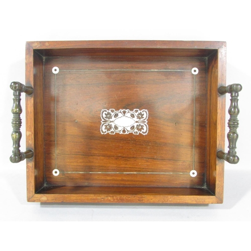 552 - A Victorian rosewood and mother of pearl tray, 26cm x 21cm.