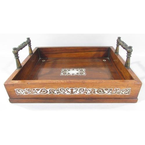 552 - A Victorian rosewood and mother of pearl tray, 26cm x 21cm.