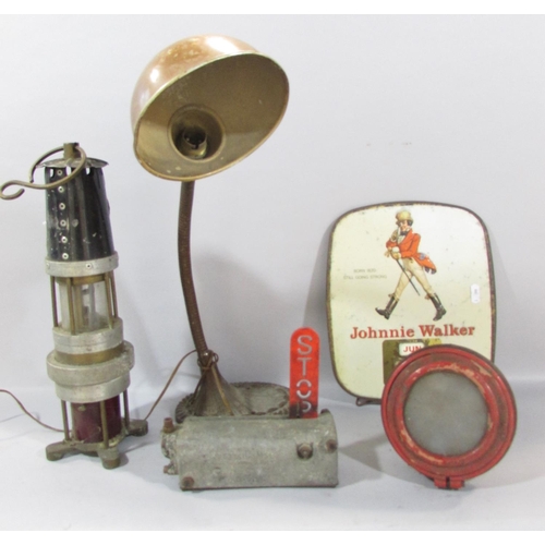 555 - A vintage flexi desk lamp, a miner’s Spiralarm gas warning device, a Jonnie Walker Whisky Advertisem... 