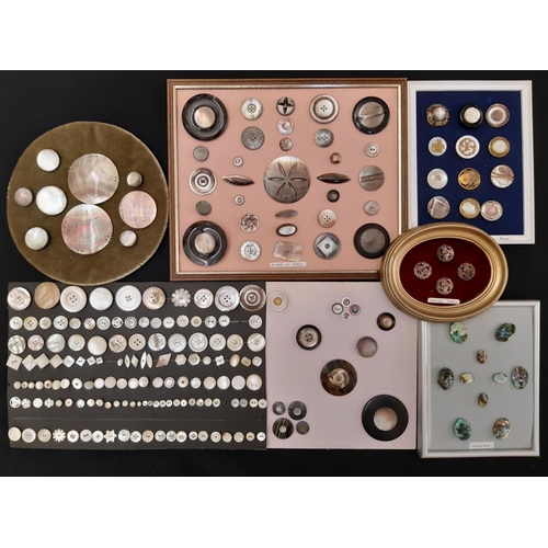 757 - A collection of Mother of Pearl  buttons including some finely worked examples with metal frames, ot... 