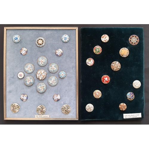 763 - A collection of 19th - 20th century enamelled buttons, all individual and finely detailed, mounted o... 