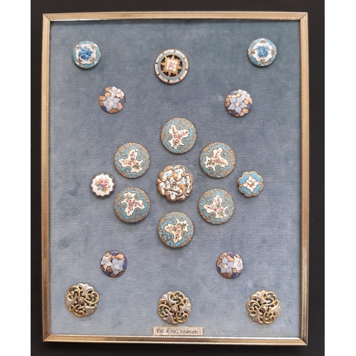 763 - A collection of 19th - 20th century enamelled buttons, all individual and finely detailed, mounted o... 