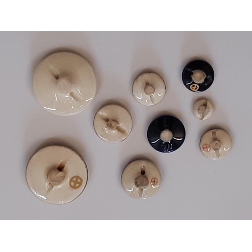 770 - 9 Japanese ceramic buttons most bearing the Satsuma Shimazu back stamp, including 3 depicting Geisha... 