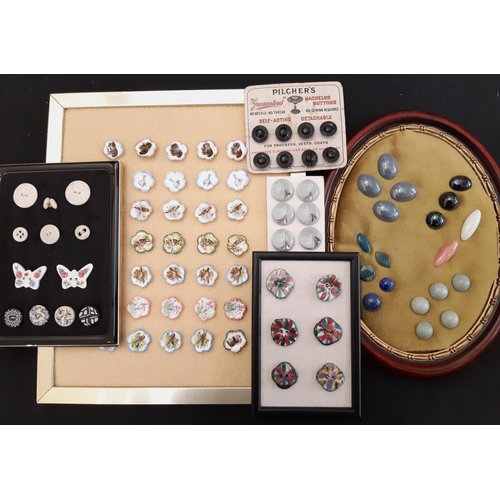 803 - A collection of 20th century decorative buttons in wood, horn, ceramic, plastic, glass etc displayed... 