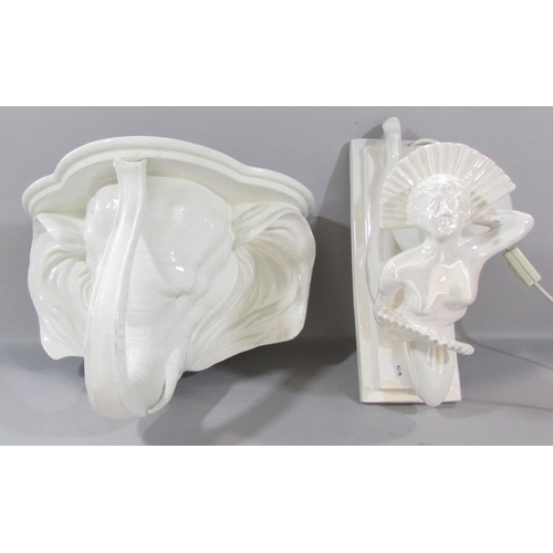 482A - Lighting / interior design to include a novelty / humorous white porcelain elephant wall bracket, a ... 