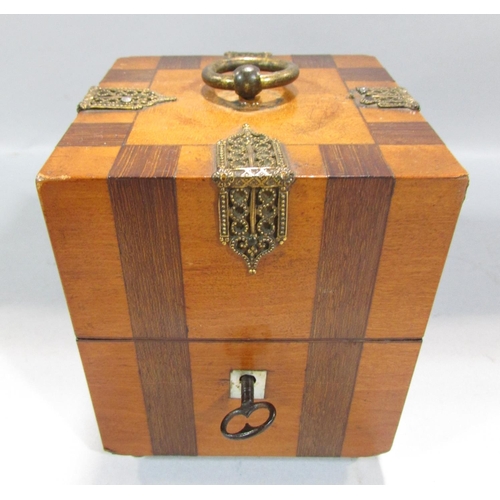 541 - A 19th century continental scent bottle box with a ring handle opening to reveal four opaque scent b... 