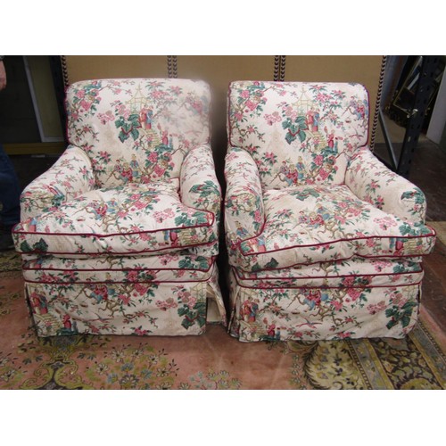 1365 - A pair of armchairs by George Smith with chinoiserie loose covers, on square tapered legs with brass... 