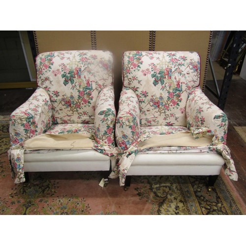 1365 - A pair of armchairs by George Smith with chinoiserie loose covers, on square tapered legs with brass... 