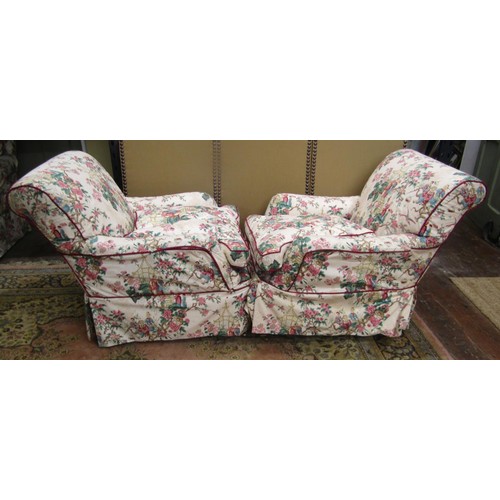 1365 - A pair of armchairs by George Smith with chinoiserie loose covers, on square tapered legs with brass... 