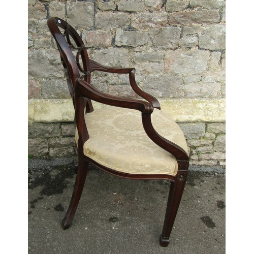 1373 - A late 19th century Hepplewhite style spider web elbow chair, the oval back supported by moulded and... 