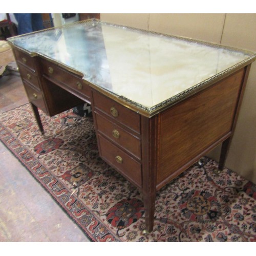 1375 - A late 19th century mahogany and inlaid inverted breakfront writing desk of nine drawers, on square ... 