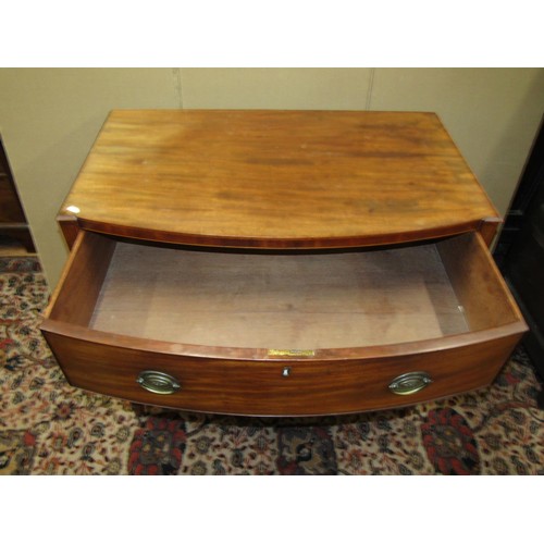 1378 - A Regency mahogany bow fronted chest of three long drawers, on square cut supports with brass plate ... 