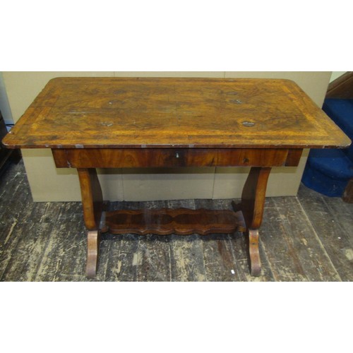 1467 - A 19th century continental walnut side table, rectangular form with stretcher base and marquetry det... 