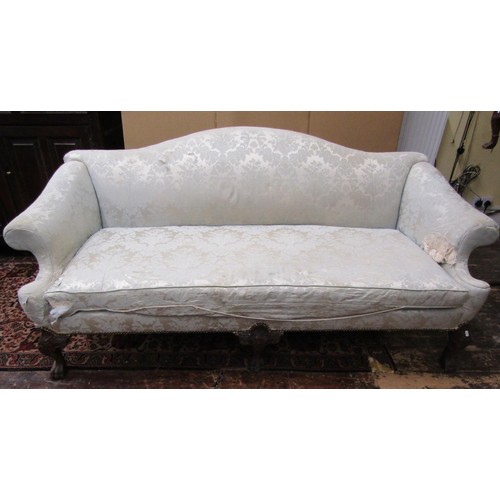 1470 - A large 18th century style country house sofa with camel back and scrolled arms, raised on carved su... 