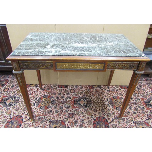 1472 - A French 19th century centre table, with inset green marble top, raised on squared tapered supports,... 