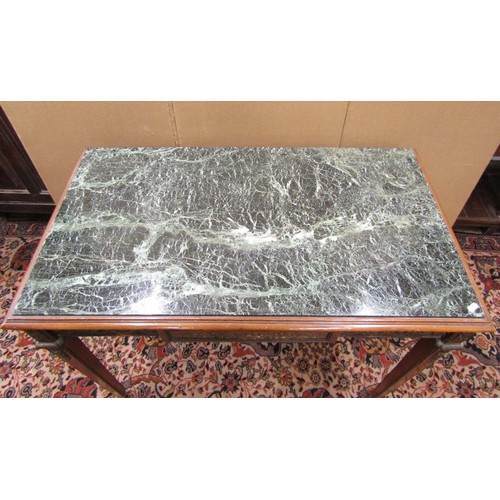 1472 - A French 19th century centre table, with inset green marble top, raised on squared tapered supports,... 