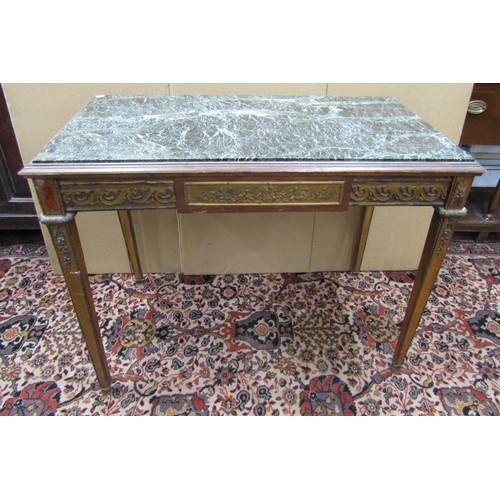 1472 - A French 19th century centre table, with inset green marble top, raised on squared tapered supports,... 