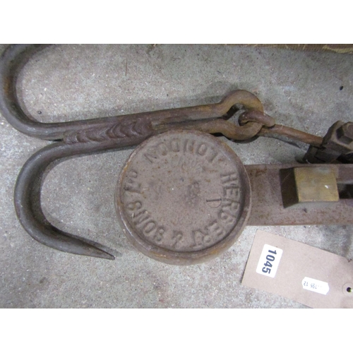1045 - Two steel yard arms, one stamped Herbert & Sons Ltd, London to weigh 300 lbs