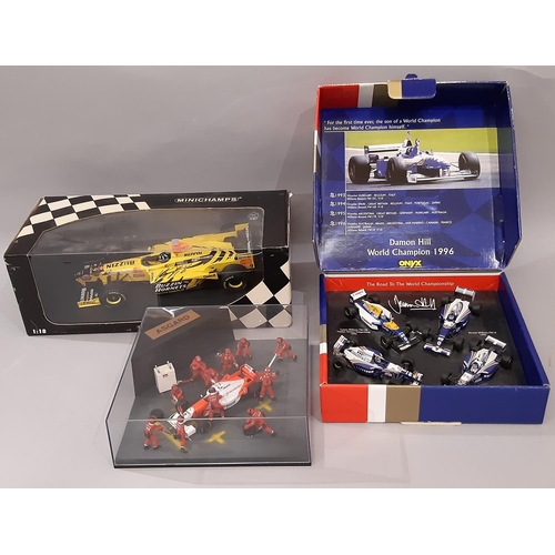 820 - Formula 1 interest: a Minichamps 1:18 scale boxed model Honda racing car signed by Damon Hill, a Lim... 