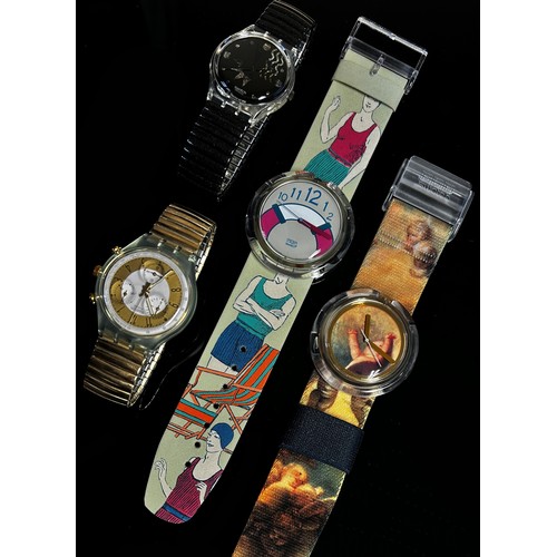 439 - Twelve assorted boxed Swatch Watches to include a Pop range ‘Putti’ example designed by Vivien Westw... 