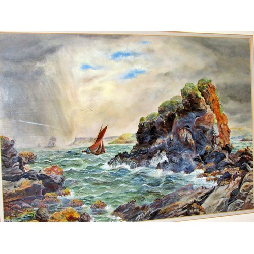 1542 - Two paintings, to include: B. Andrews (19th-20th century) -  Rocky coastline with boats at sea, sign... 