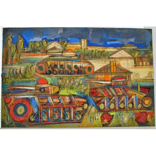 1545 - European School, Post-War - Tanks moving through rural terrain, unsigned, inscribed 'B' and '676' ve... 