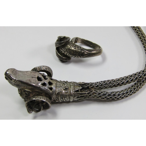 367 - Classical Greek style silver rams head jewellery suite, comprising pendant necklace, ring and hinged... 