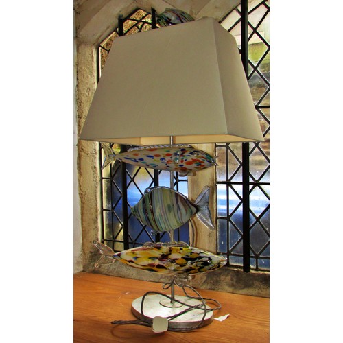 130 - An unusual mid-century Murano glass fish lamp, with three fish swimming below the square cut shade a... 