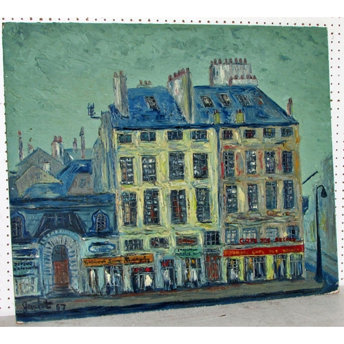 1560 - 20th Century French/Belgian School - Street view of shops and cafes (1967), indistinctly signed and ... 