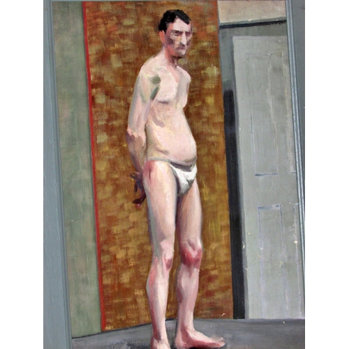 1565 - Bernard Kay (British, 1927-2021) - Standing Male Nude, artist's name inscribed to canvas, oil on can... 