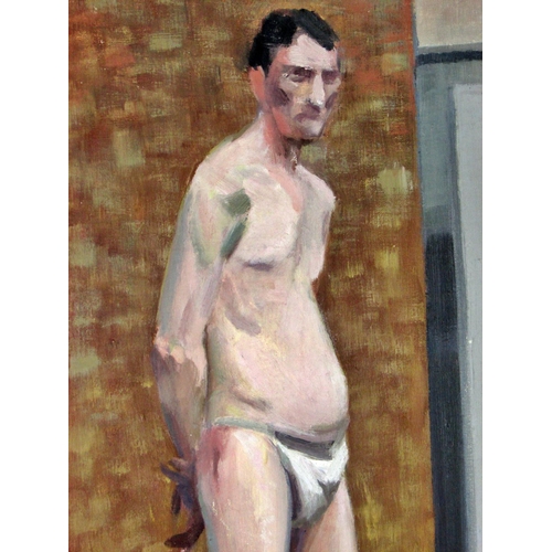 1565 - Bernard Kay (British, 1927-2021) - Standing Male Nude, artist's name inscribed to canvas, oil on can... 