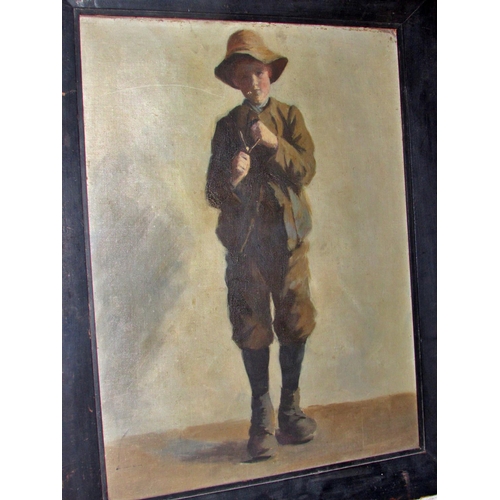 1570 - Early 20th Century School - Boy holding a slingshot, full-length portrait, unsigned, oil on canvas b... 