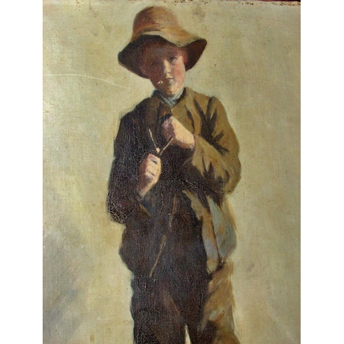 1570 - Early 20th Century School - Boy holding a slingshot, full-length portrait, unsigned, oil on canvas b... 