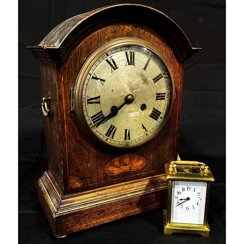 446A - An oak inlaid mantle clock and a brass carriage clock (2)