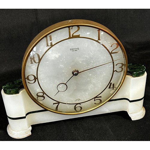 447 - A small Smiths ‘Sectric’ mantle clock in the Art Deco style, the white polished alabaster case bande... 