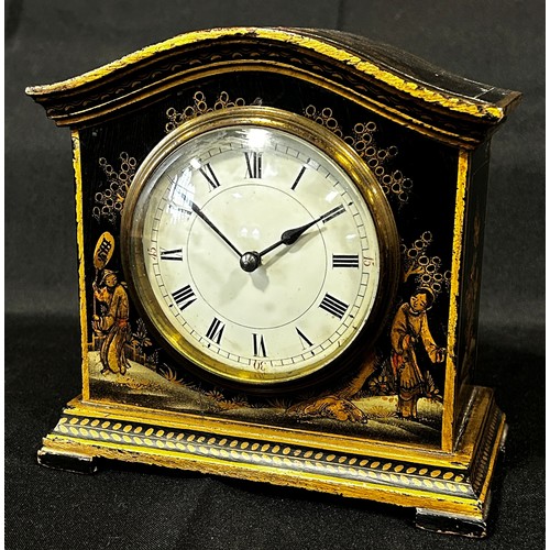 449 - A small French Japanned / Chinoiserie lacquered clock, 16cm high, 16 x 8cm.