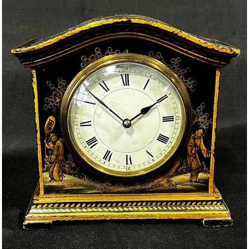 449 - A small French Japanned / Chinoiserie lacquered clock, 16cm high, 16 x 8cm.