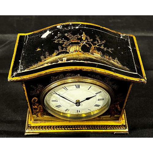 449 - A small French Japanned / Chinoiserie lacquered clock, 16cm high, 16 x 8cm.