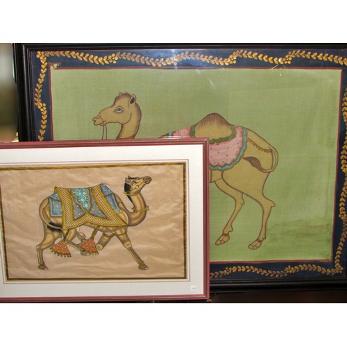 1577 - Two large 20th century Mughal style paintings of camels, gouache and gold paint on fabric, largest f... 