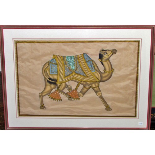 1577 - Two large 20th century Mughal style paintings of camels, gouache and gold paint on fabric, largest f... 