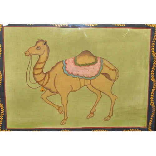 1577 - Two large 20th century Mughal style paintings of camels, gouache and gold paint on fabric, largest f... 