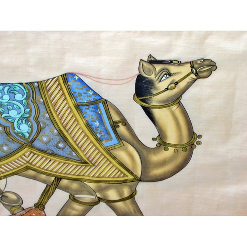 1577 - Two large 20th century Mughal style paintings of camels, gouache and gold paint on fabric, largest f... 