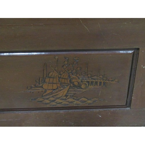 1064 - A Chinese style camphor wood coffer with carved ships approaching land, 93cm wide x 46cm deep, x 40c... 