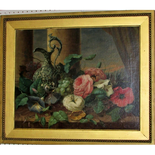 1607 - 19th Century Dutch School - A pair of still life paintings depicting fruit, flowers, a wine jug and ... 