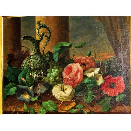 1607 - 19th Century Dutch School - A pair of still life paintings depicting fruit, flowers, a wine jug and ... 