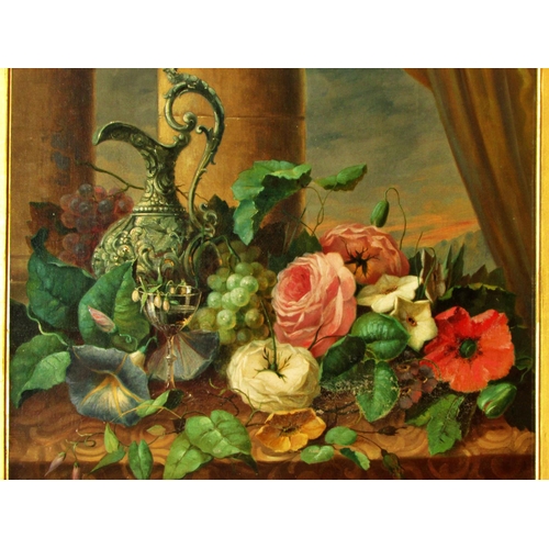 1607 - 19th Century Dutch School - A pair of still life paintings depicting fruit, flowers, a wine jug and ... 