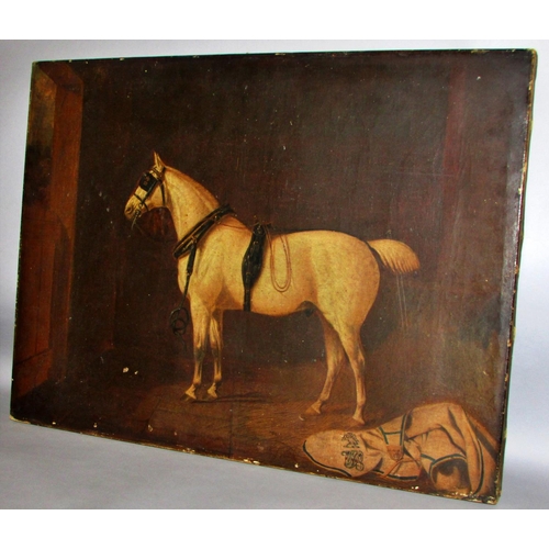 1616 - 19th Century School - Equestrian portrait of a horse in profile in stables, with family crest to coa... 