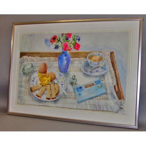 1617 - Val Archer (British, b.1946) - Breakfast tray with eggs and soldiers (1987), watercolour, initialled... 