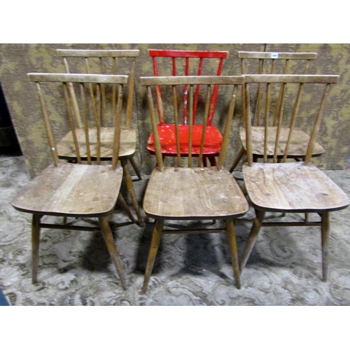 1081 - A set of six vintage  Ercol elm and beechwood tapered stickback diming chairs (one with later painte... 