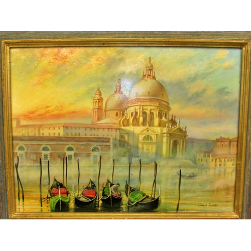 1627 - James Scrase (English, b.1937) - Venetian Scene with gondolas in the foreground and the Basilica di ... 